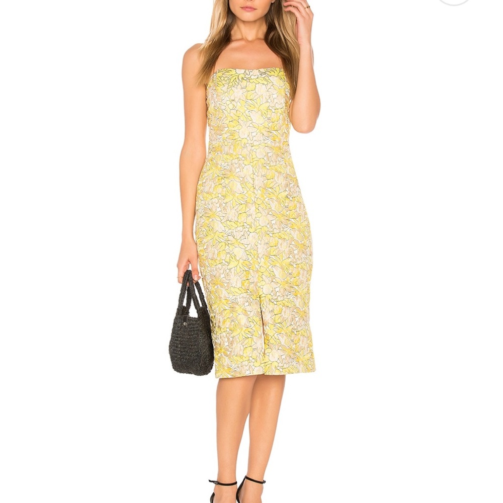 BB DAKOTA RSVP Floral Brocade Yellow Midi Dress